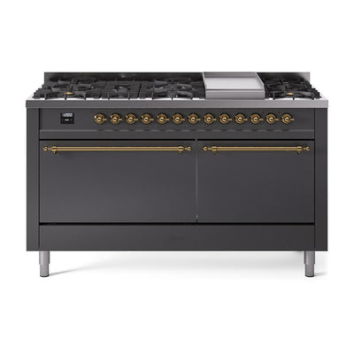 ILVE Nostalgie II 60 UP60FQNMPMGG Freestanding Dual Fuel Range with 9 Sealed Burners Yes Double Oven with Solid Door in Graphite Matte with Brass knobs
