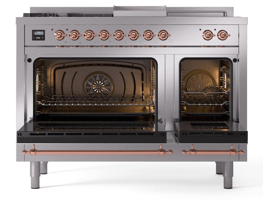 Nostalgie II 48 Inch Dual Fuel Natural Gas Freestanding Range in Stainless Steel with Copper Trim