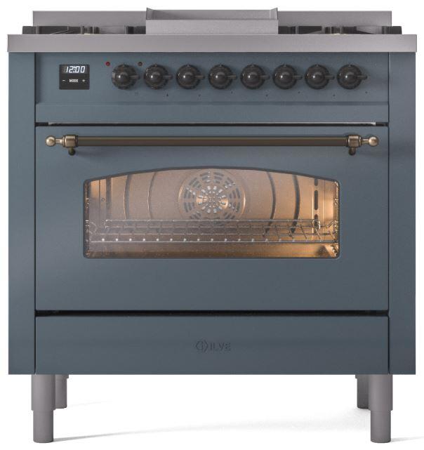 Nostalgie II 36 Inch Dual Fuel Natural Gas Freestanding Range in Blue Grey with Bronze Trim