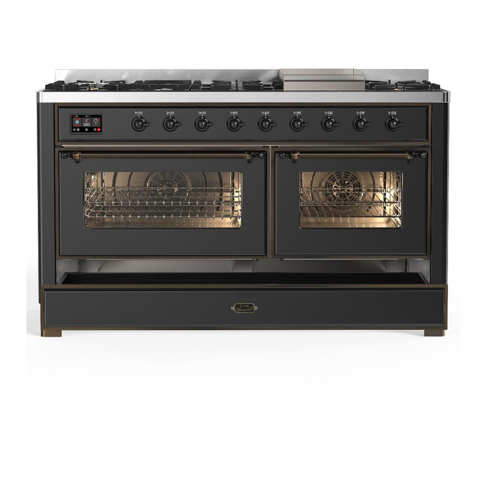 ILVE UM60FNR3MGB Majestic III 60 inch Dual Fuel Range with 9 Burners and Griddle, Dual Function Burner up to 25,000 BTU (Natural Gas, Triple Glass Door, Graphite Matte, Burnished)