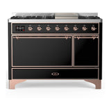 ILVE UM48FQNR3BKPLP Majestic III 48 inch Dual Fuel Range with 8 Burners and Griddle, Dual Function Burner up to 25,000 BTU (Liquid Propane, Solid Door, Glossy Black, Copper)