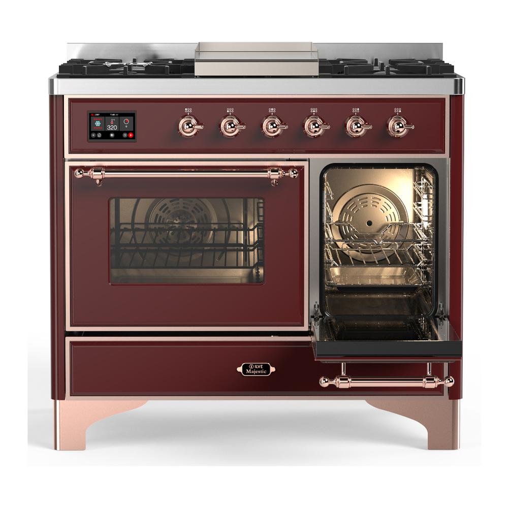 ILVE UMD40FNR3BUPLP Majestic III 40 inch Dual Fuel Range with 6 Burners and Griddle, Dual Function Burner up to 25,000 BTU (Liquid Propane, Triple Glass Door, Burgundy, Copper)