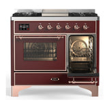 ILVE UMD40FNR3BUPLP Majestic III 40 inch Dual Fuel Range with 6 Burners and Griddle, Dual Function Burner up to 25,000 BTU (Liquid Propane, Triple Glass Door, Burgundy, Copper)