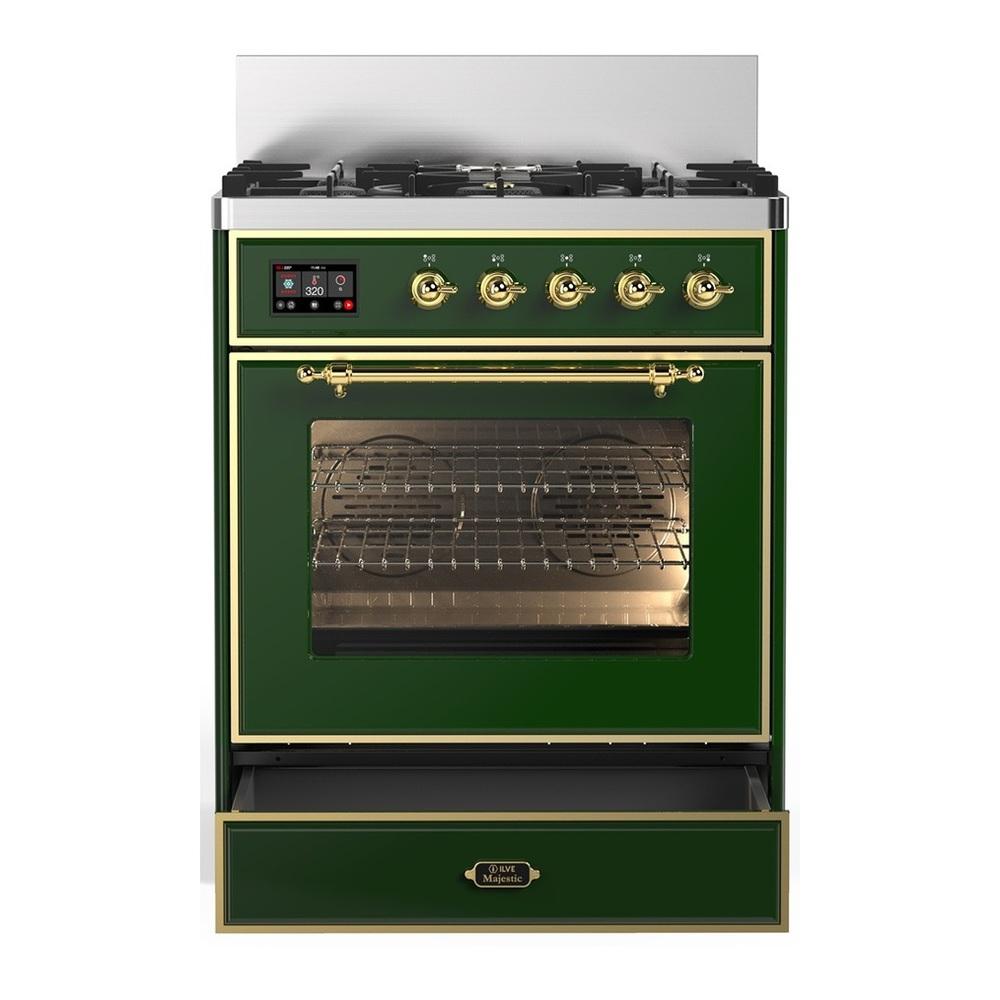 ILVE UM30NR3EGGLP Majestic III 30 inch Dual Fuel Range with 5 Black Brass Burners, Dual Function Burner up to 25,000 BTU (Liquid Propane, Triple Glass Door, Emerald Green, Brass)