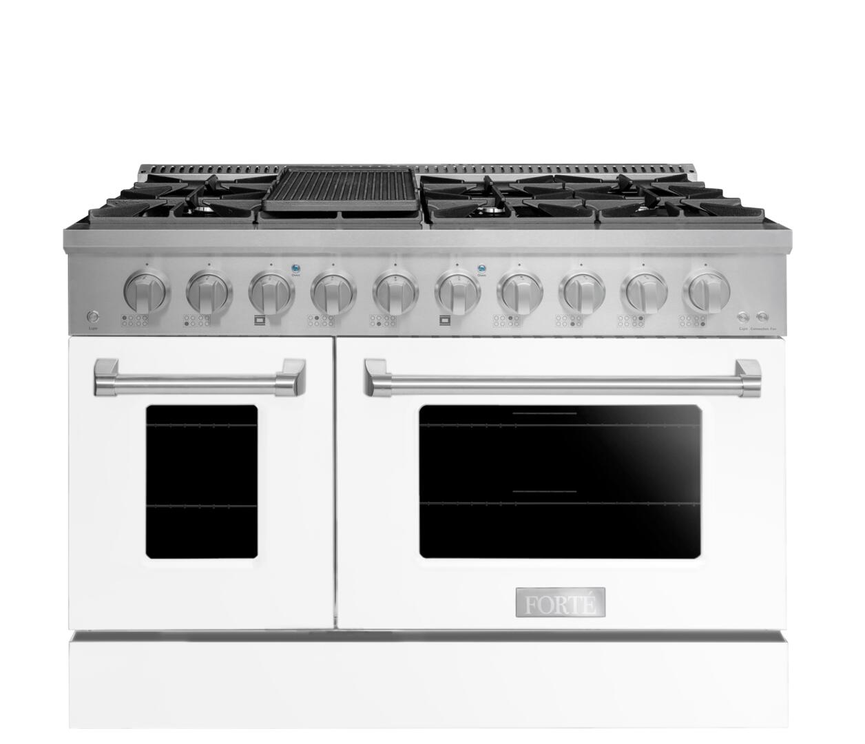 FGR488BWW34 48" All Gas Freestanding Range in White with Blue Knob Kit Set and Brass Bezel Kit Set