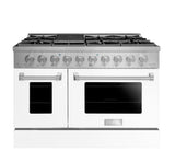 FGR488BWW34 48" All Gas Freestanding Range in White with Blue Knob Kit Set and Brass Bezel Kit Set
