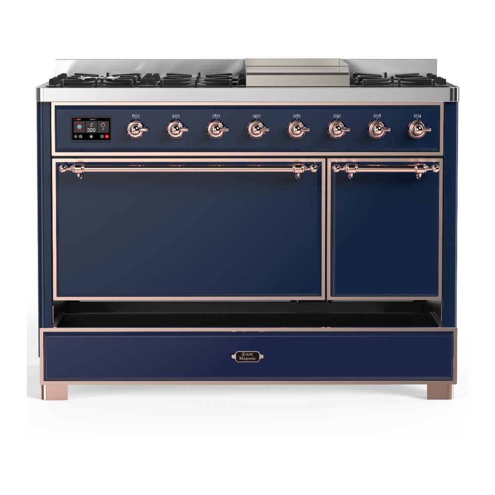 ILVE UM48FQNR3MBP Majestic III 48 inch Dual Fuel Range with 8 Burners and Griddle, Dual Function Burner up to 25,000 BTU (Natural Gas, Solid Door, Midnight Blue, Copper)