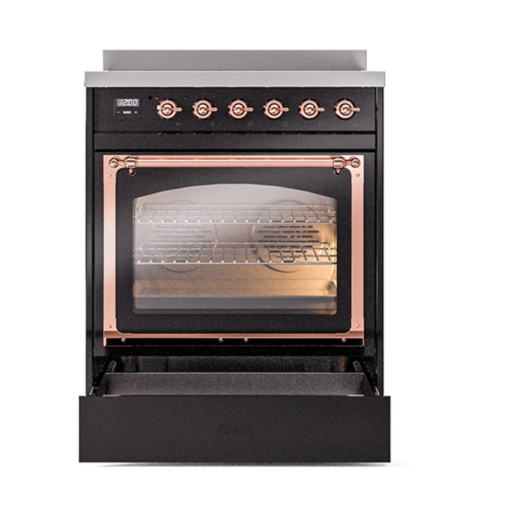 ILVE UNI304NMPBKP Nostalgie II Noblesse 30 inch Induction Range (Triple Glass Door, Glossy Black, Copper)
