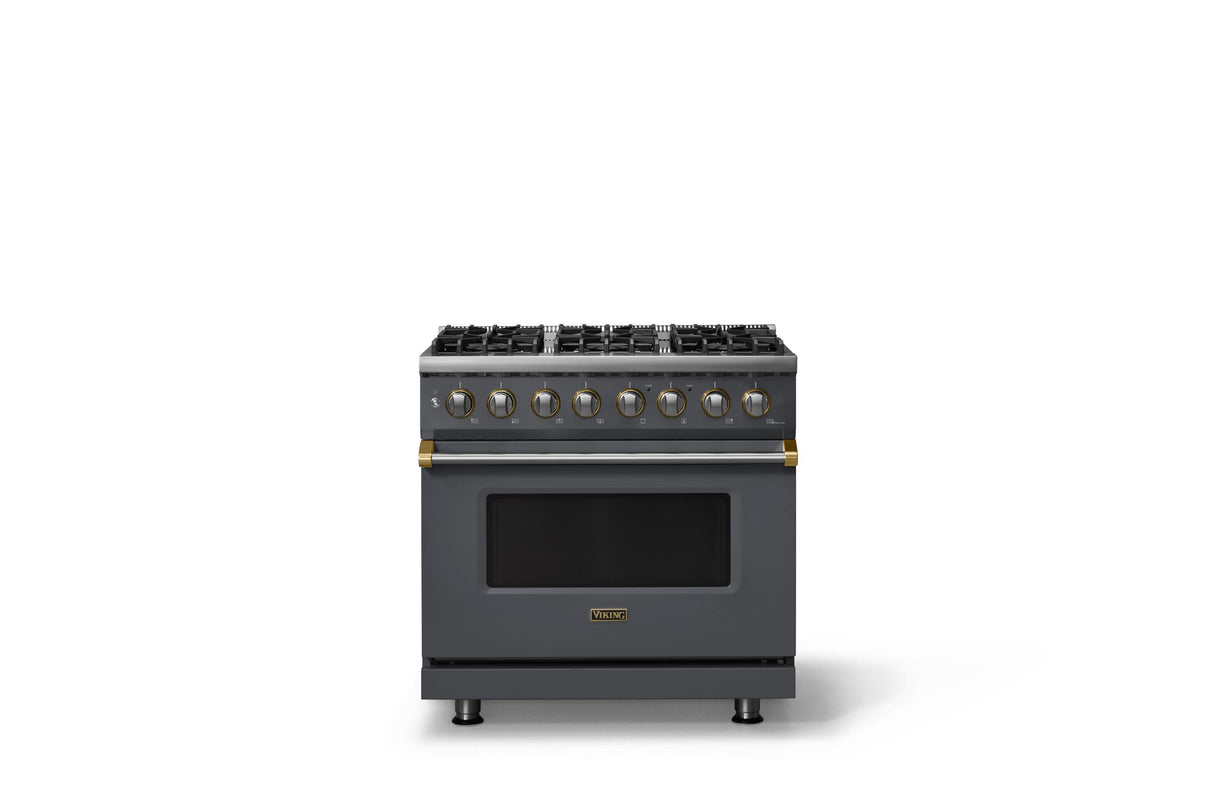 36"W. Dual Fuel Range (Burner: 6b, Finish: Cast Black, Trim: Brushed Brass, Fuel: Natural Gas)