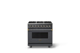 36"W. Dual Fuel Range (Burner: 6b, Finish: Cast Black, Trim: Brushed Brass, Fuel: Propane)