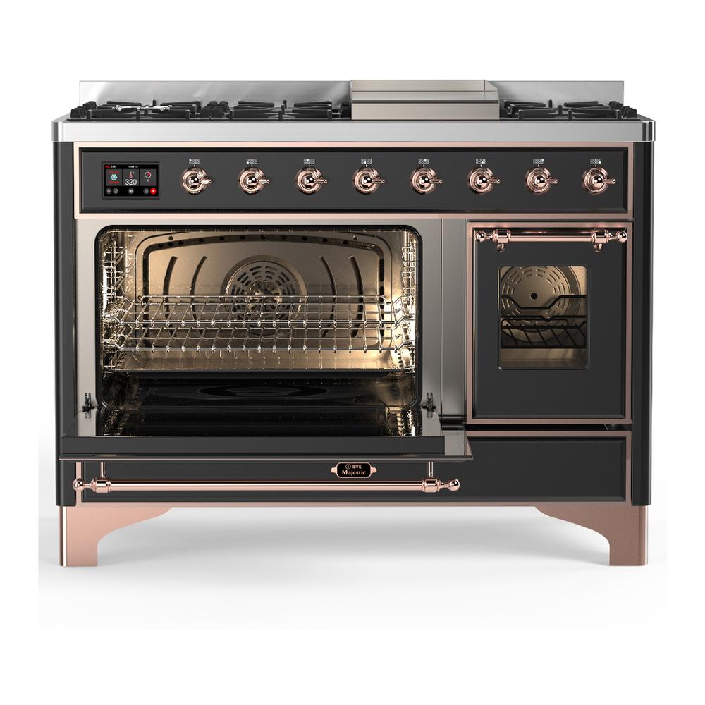 ILVE UM48FNR3MGPLP Majestic III 48 inch Dual Fuel Range with 8 Burners and Griddle, Dual Function Burner up to 25,000 BTU (Liquid Propane, Triple Glass Door, Graphite Matte, Copper)