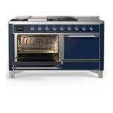 ILVE UM60FSQNR3MBCLP Majestic III 60 inch Dual Fuel Range with 7 Burners, Griddle and French Top, Dual Function Burner with up to 25,000 BTU (Liquid Propane, Solid Door, Midnight Blue, Chrome)
