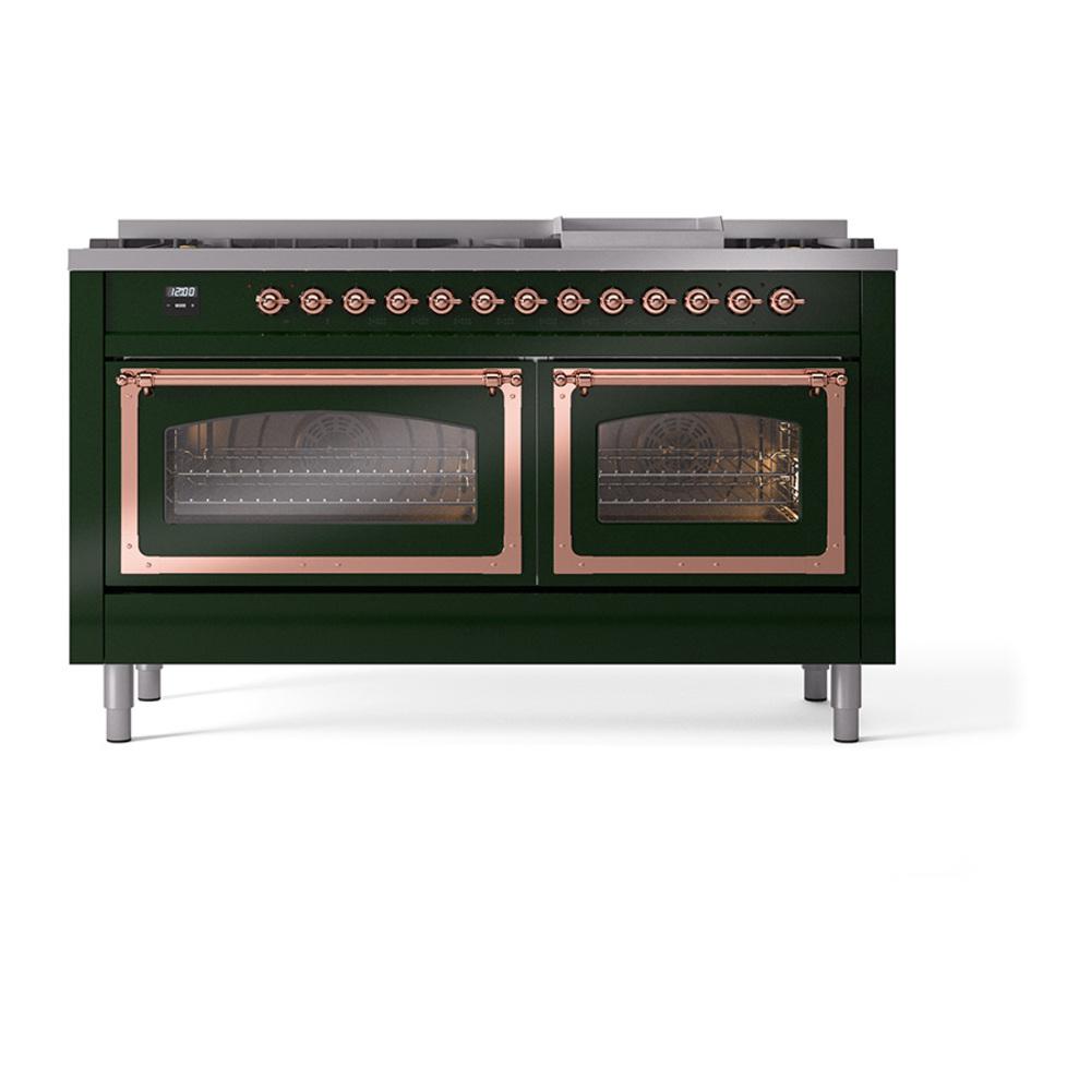 ILVE UN60FNMPEGPLP Nostalgie II Noblesse 60 inch Dual Fuel Range (9 Sealed Burners + Griddle, Liquid Propane, Triple Glass Door, Emerald Green, Copper)