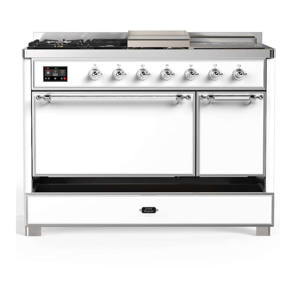 ILVE UM48FSQNR3WHCLP Majestic III 48 inch Dual Fuel Range with 5 Black Brass Burners, Griddle and French Top, Dual Function Burner up to 25,000 BTU (Liquid Propane, Solid Door, White, Chrome)