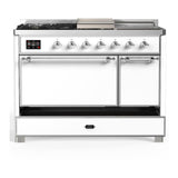 ILVE UM48FSQNR3WHCLP Majestic III 48 inch Dual Fuel Range with 5 Black Brass Burners, Griddle and French Top, Dual Function Burner up to 25,000 BTU (Liquid Propane, Solid Door, White, Chrome)