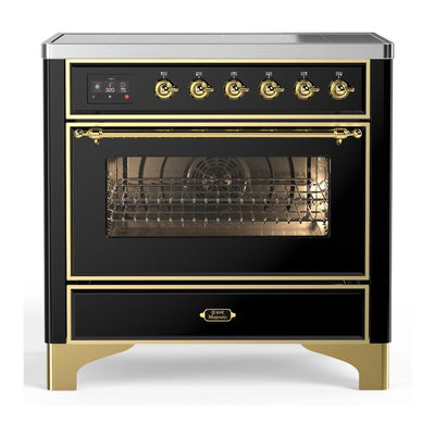 ILVE UMIB36NR3BKG Majestic III 36 inch Induction Range with 6 Elements, 3.5 cu. ft. Total Oven Capacity (Triple Glass Door, Glossy Black, Brass)