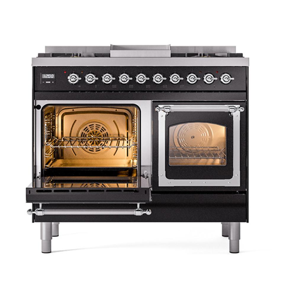 ILVE UND40FNMPBKCLP Nostalgie II Noblesse 40 inch Dual Fuel Range (Liquid Propane, Triple Glass Door, Glossy Black, Chrome)