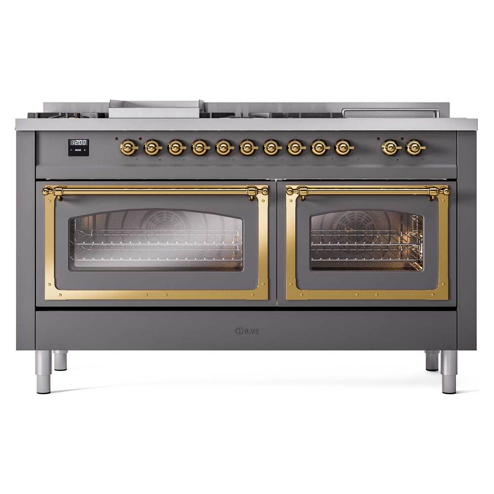 ILVE UN60FSNMPMGG Nostalgie II Noblesse 60 inch Dual Fuel Range (7 Sealed Burners + Griddle + French Top, Natural Gas, Triple Glass Door, Graphite Matte, Brass)