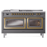 ILVE UN60FSNMPMGG Nostalgie II Noblesse 60 inch Dual Fuel Range (7 Sealed Burners + Griddle + French Top, Natural Gas, Triple Glass Door, Graphite Matte, Brass)