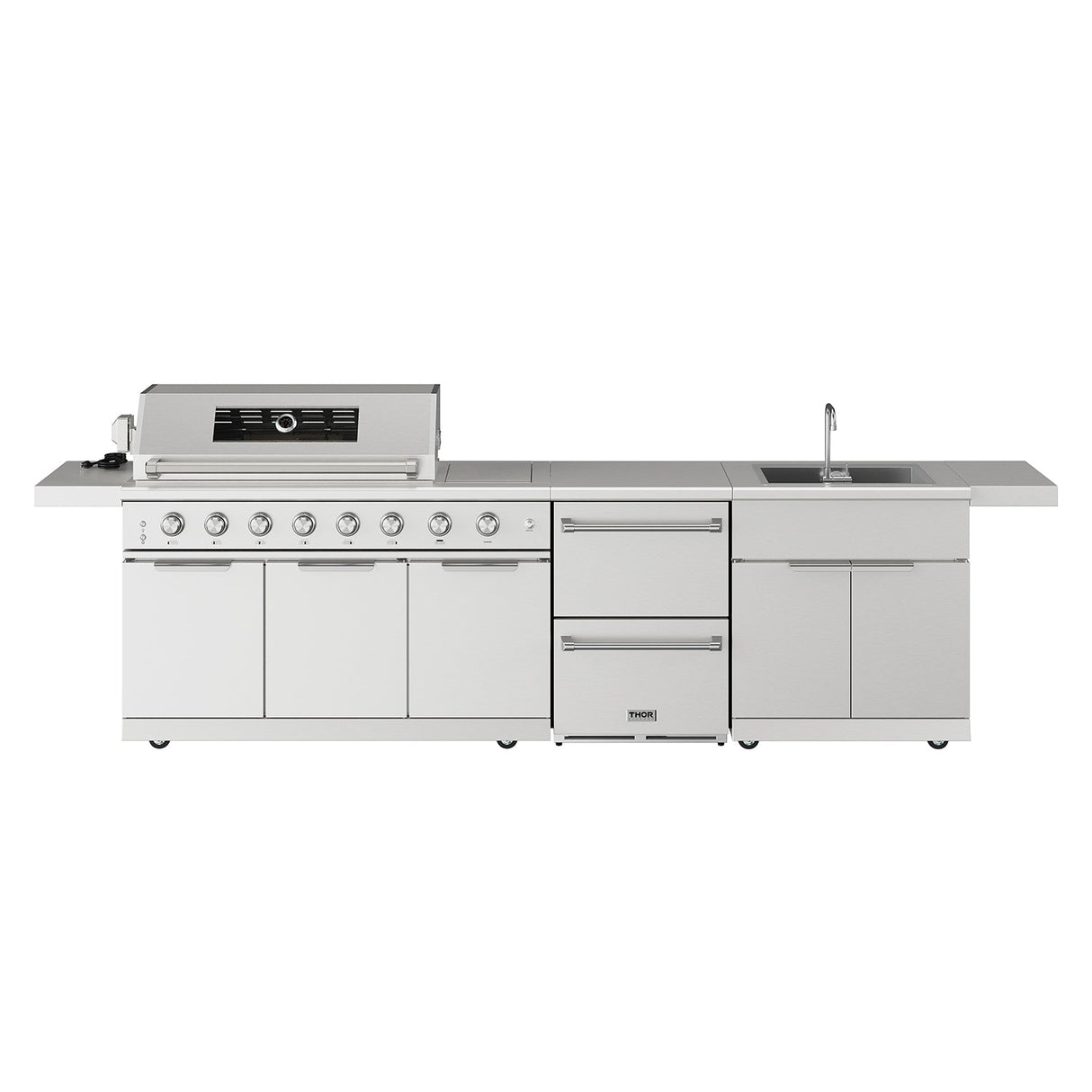 10 Ft. Outdoor Kitchen Island With Gas Grill & Side Burner, Sink & Drawer 77,000 BTU - Stainless Steel