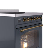 Nostalgie II 30 Inch Electric Freestanding Range in Blue Grey with Brass Trim