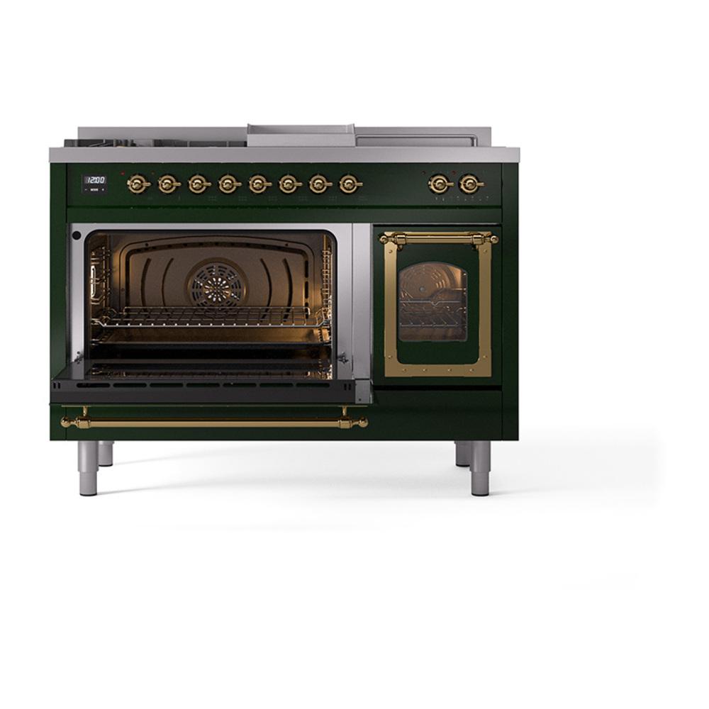 ILVE UN48FSNMPEGGLP Nostalgie II Noblesse 48 inch Dual Fuel Range (5 Sealed Burners + Griddle + French Top, Liquid Propane, Triple Glass Door, Emerald Green, Brass)