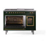 ILVE UN48FSNMPEGGLP Nostalgie II Noblesse 48 inch Dual Fuel Range (5 Sealed Burners + Griddle + French Top, Liquid Propane, Triple Glass Door, Emerald Green, Brass)