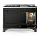 ILVE UM48FQNR3BKBLP Majestic III 48 inch Dual Fuel Range with 8 Burners and Griddle, Dual Function Burner up to 25,000 BTU (Liquid Propane, Solid Door, Glossy Black, Burnished)