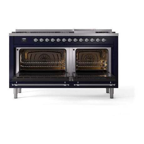 ILVE UN60FQNMPMBC Nostalgie II Noblesse 60 inch Dual Fuel Range (9 Sealed Burners + Griddle, Natural Gas, Solid Door, Midnight Blue, Chrome)