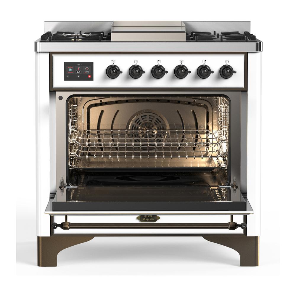 ILVE UM36FQNR3WHB Majestic III 36 inch Dual Fuel Range with 6 Black Brass Burners and Griddle, Dual Function Burner up to 25,000 BTU (Solid Door, White, Burnished, Natural Gas)