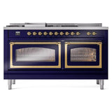 ILVE UN60FSNMPMBGLP Nostalgie II Noblesse 60 inch Dual Fuel Range (7 Sealed Burners + Griddle + French Top, Liquid Propane, Triple Glass Door, Midnight Blue, Brass)