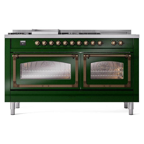 ILVE UN60FSNMPEGB Nostalgie II Noblesse 60 inch Dual Fuel Range (7 Sealed Burners + Griddle + French Top, Natural Gas, Triple Glass Door, Emerald Green, Burnished)