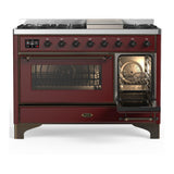 ILVE UM48FNR3BUB Majestic III 48 inch Dual Fuel Range with 8 Burners and Griddle, Dual Function Burner up to 25,000 BTU (Natural Gas, Triple Glass Door, Burgundy, Burnished)