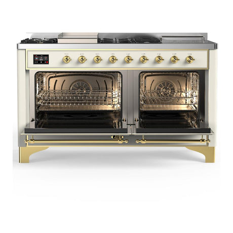 ILVE UM60FSNR3AWG Majestic III 60 inch Dual Fuel Range with 7 Burners, Griddle and French Top, Dual Function Burner with up to 25,000 BTU (Natural Gas, Triple Glass Door, Antique White, Brass)