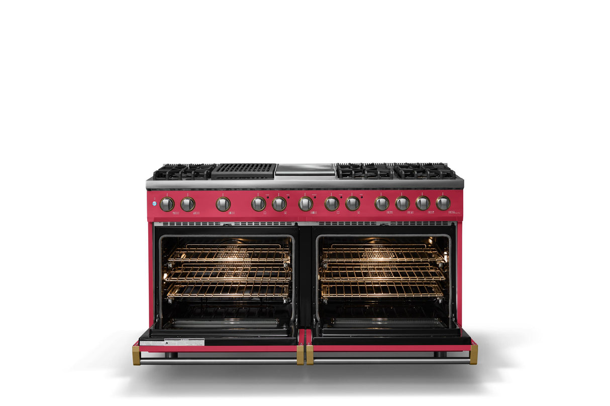 60"W.Dual Fuel Range (Finish: Valentine, Trim: Brushed Brass, Fuel: Propane)
