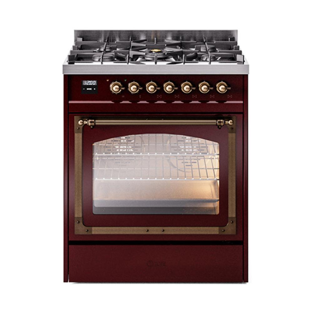 ILVE UN30NMPBUBLP Nostalgie II Noblesse 30 inch Dual Fuel Range (Liquid Propane, Triple Glass Door, Burgundy, Burnished)