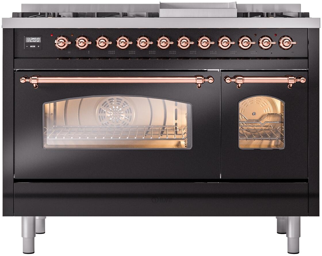 Nostalgie II 48 Inch Dual Fuel Liquid Propane Freestanding Range in Glossy Black with Copper Trim