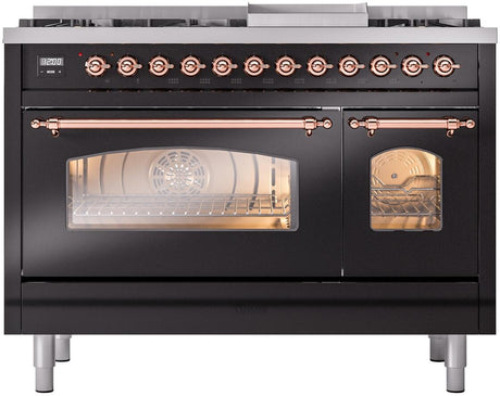 Nostalgie II 48 Inch Dual Fuel Liquid Propane Freestanding Range in Glossy Black with Copper Trim