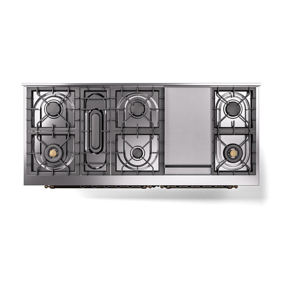 ILVE UN60FNMPWHB Nostalgie II Noblesse 60 inch Dual Fuel Range (9 Sealed Burners + Griddle, Natural Gas, Triple Glass Door, White, Burnished)