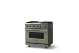36"W. Dual Fuel Range (Burner: 4g, Finish: Eucalyptus, Trim: Polished Chrome, Fuel: Natural Gas)
