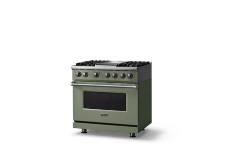 36"W. Dual Fuel Range (Burner: 4g, Finish: Eucalyptus, Trim: Polished Chrome, Fuel: Natural Gas)