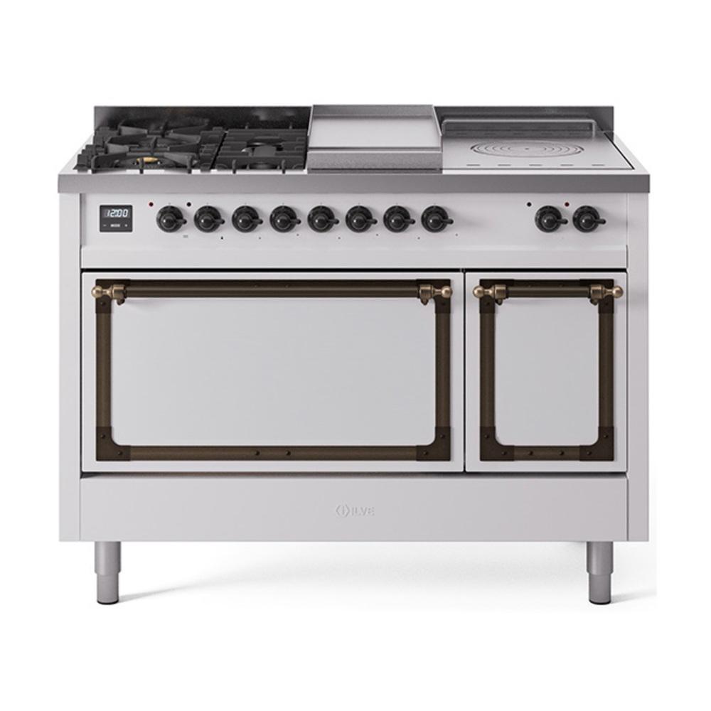 ILVE UN48FSQNMPWHB Nostalgie II Noblesse 48 inch Dual Fuel Range (5 Sealed Burners + Griddle + French Top, Natural Gas, Solid Door, White, Burnished)