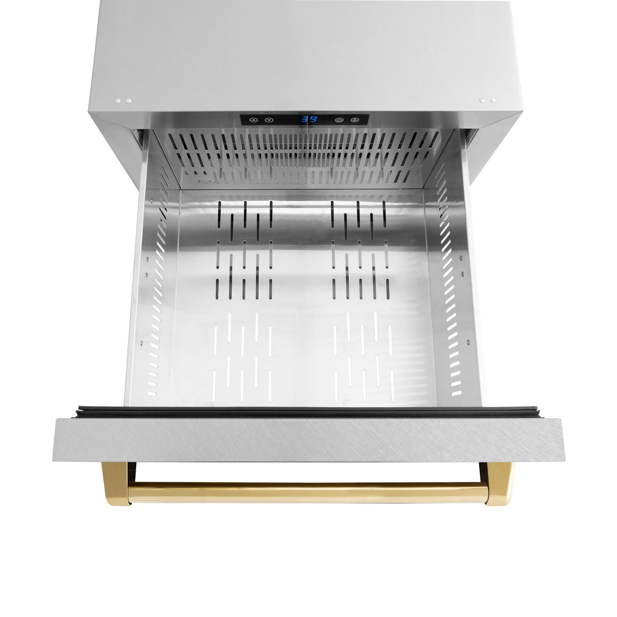 ZLINE Autograph Edition 24 in. Touchstone 168 Can Outdoor-Rated Dual Refrigerator Drawer with DuraSnow' Stainless Steel Doors and Polished Gold Handles (RDSOZ-SN-24-G)