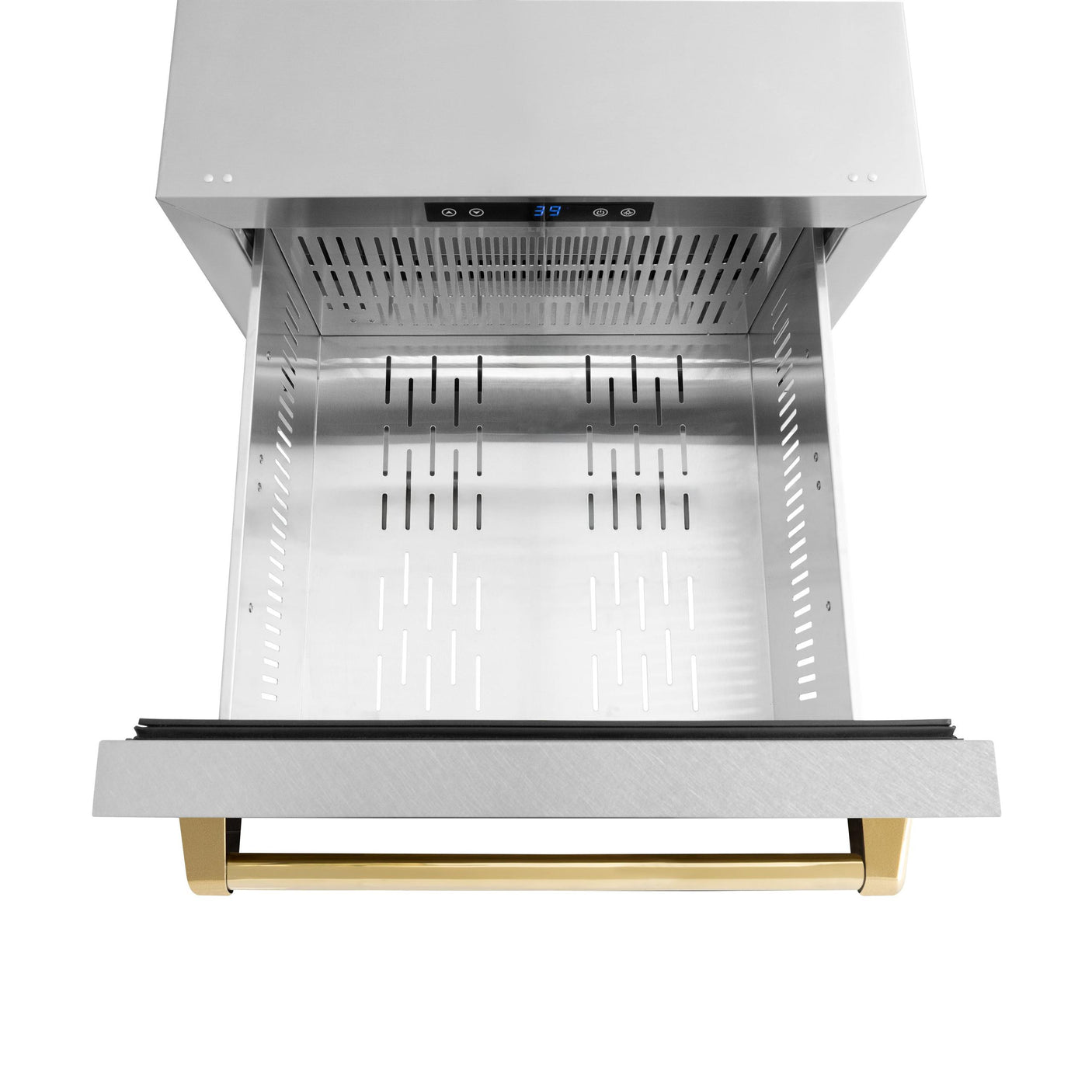 ZLINE Autograph Edition 24 in. Touchstone 168 Can Outdoor-Rated Dual Refrigerator Drawer with DuraSnow' Stainless Steel Doors and Polished Gold Handles (RDSOZ-SN-24-G)