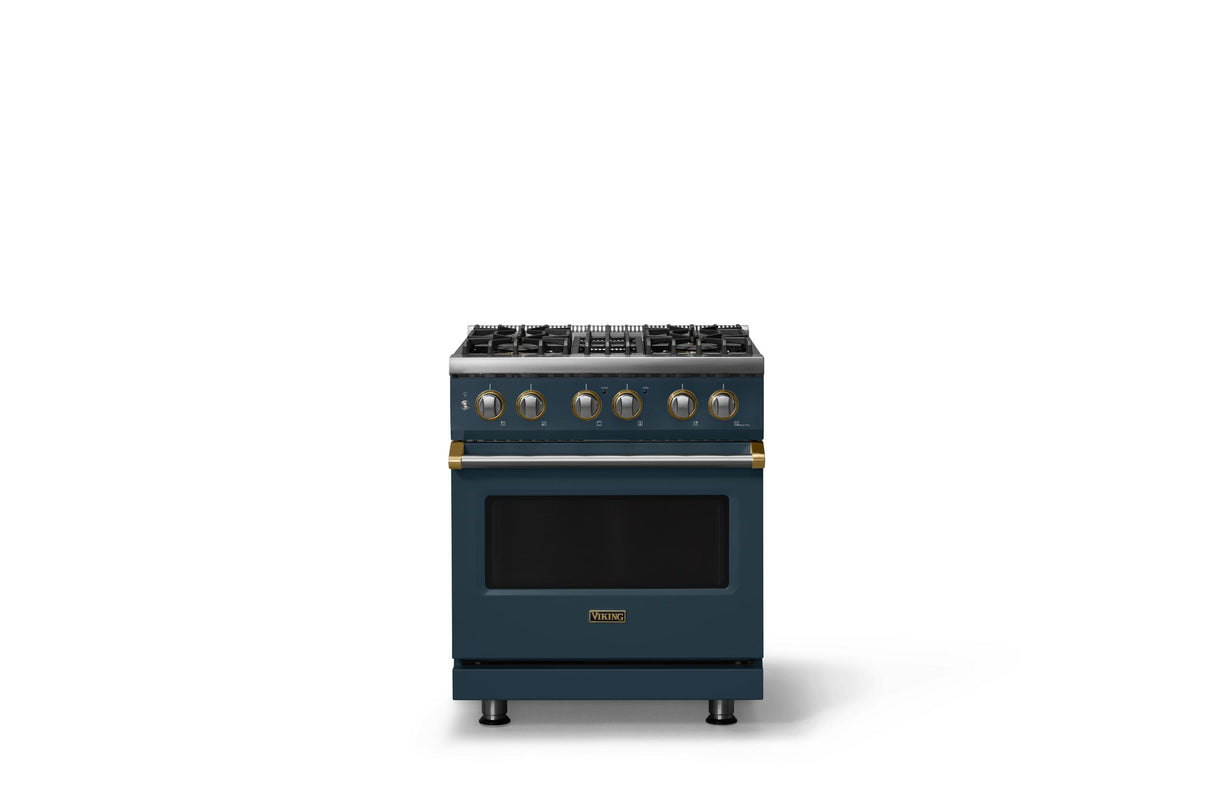30"W. Dual Fuel Range (Finish: Squall, Trim: Brushed Brass, Fuel: Propane)