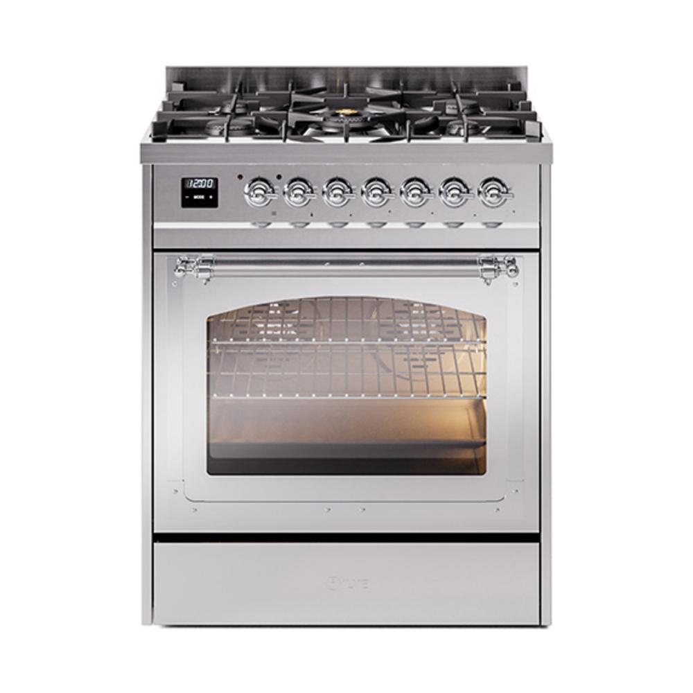 ILVE UN30NMPSSCLP Nostalgie II Noblesse 30 inch Dual Fuel Range (Liquid Propane, Triple Glass Door, Stainless Steel, Chrome)