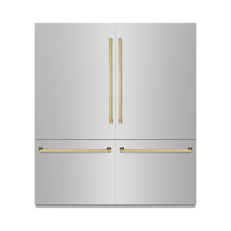 ZLINE Autograph Edition 72 in. 39.6 cu. ft. French Door Built-In Bottom Freezer Refrigerator with Water Dispensers and Ice Makers in Stainless Steel with Graphite Gray Interior and Polished Gold Accents (GRBITZ-304-72G)