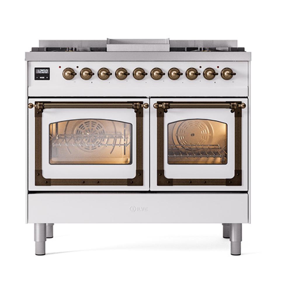 ILVE UND40FNMPWHB Nostalgie II Noblesse 40 inch Dual Fuel Range (Natural Gas, Triple Glass Door, White, Burnished)