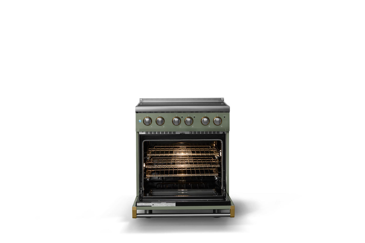 30"W. Electric Range (Finish: Eucalyptus, Trim: Brushed Brass)