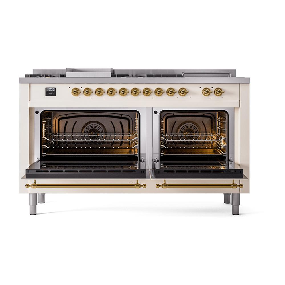 ILVE UN60FSNMPAWGLP Nostalgie II Noblesse 60 inch Dual Fuel Range (7 Sealed Burners + Griddle + French Top, Liquid Propane, Triple Glass Door, Antique White, Brass)
